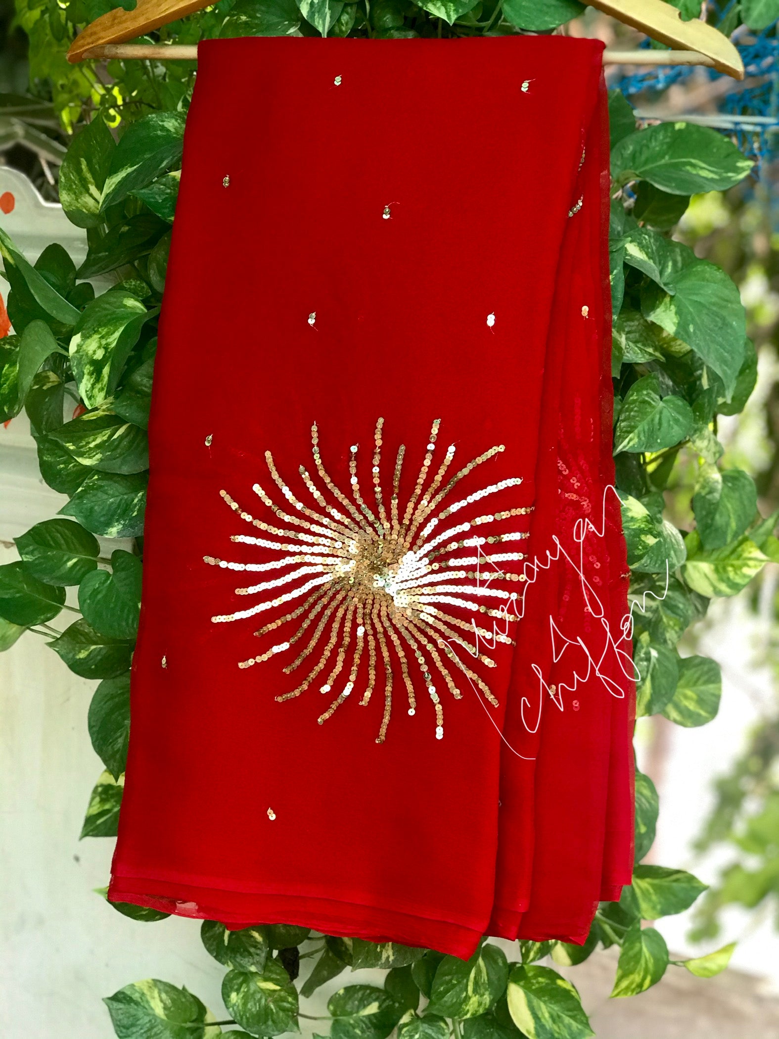 Red Golden Sequins Motifs Miraya Chiffon Sarees