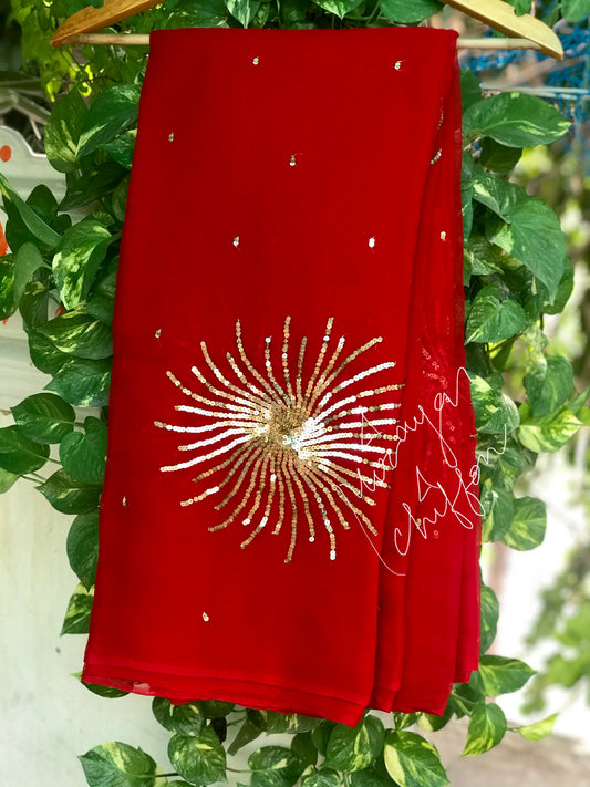 Red Golden Sequins Motifs Miraya Chiffon Sarees