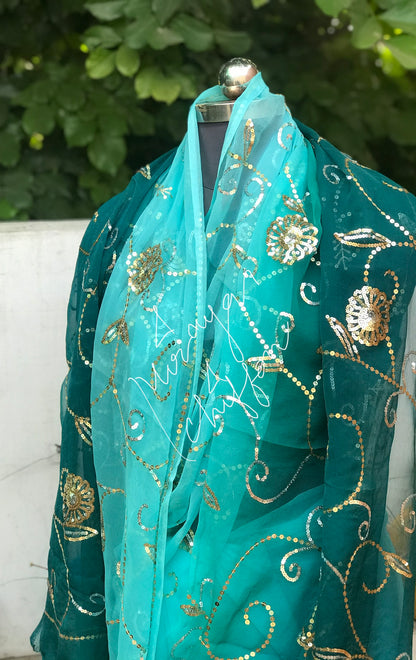 Teal Blue Shaded Jaal Miraya Chiffon Sarees