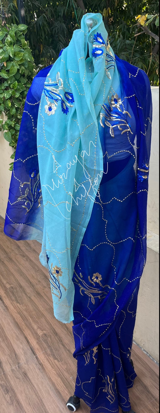 Blue Shaded Sequins Jaal With Motifs Miraya Chiffon Sarees