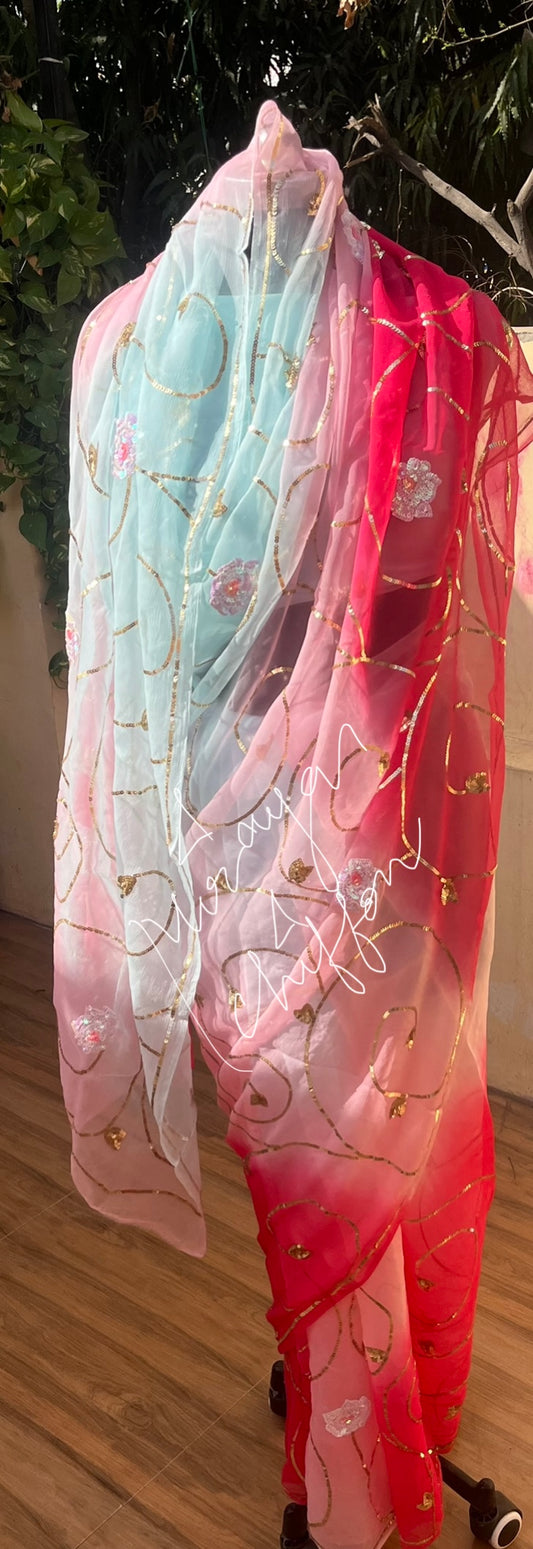 Powder Blue Ombre Dyed Sequins Jaal Miraya Chiffon Sarees