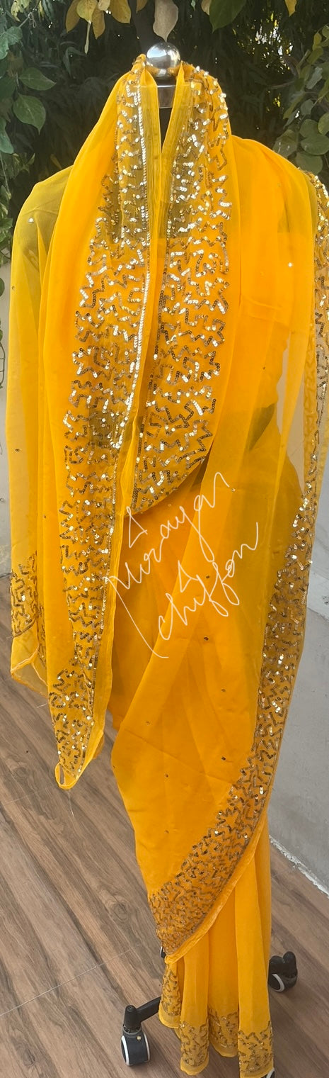 Yellow Golden Sequins Border Miraya Chiffon Sarees