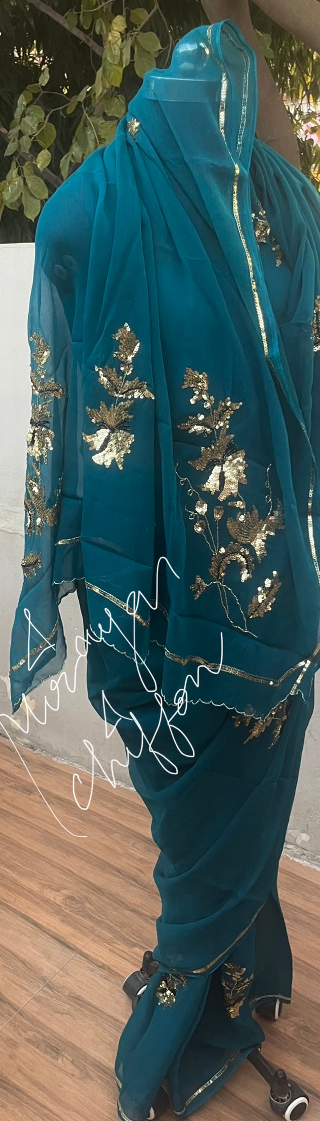 Teal Blue Golden Sequins Motifs Miraya Chiffon Sarees