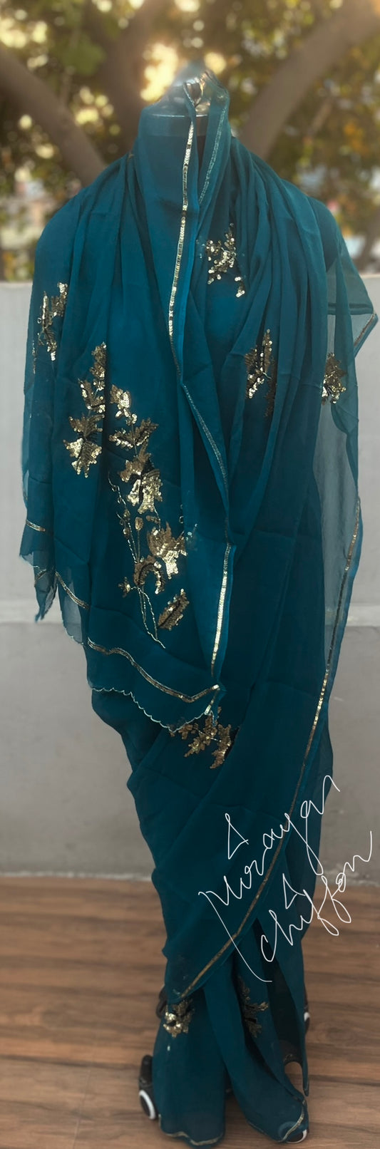 Teal Blue Golden Sequins Motifs Miraya Chiffon Sarees