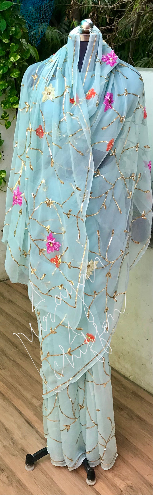 Powder Blue Sequins Jaal Miraya Chiffon Sarees