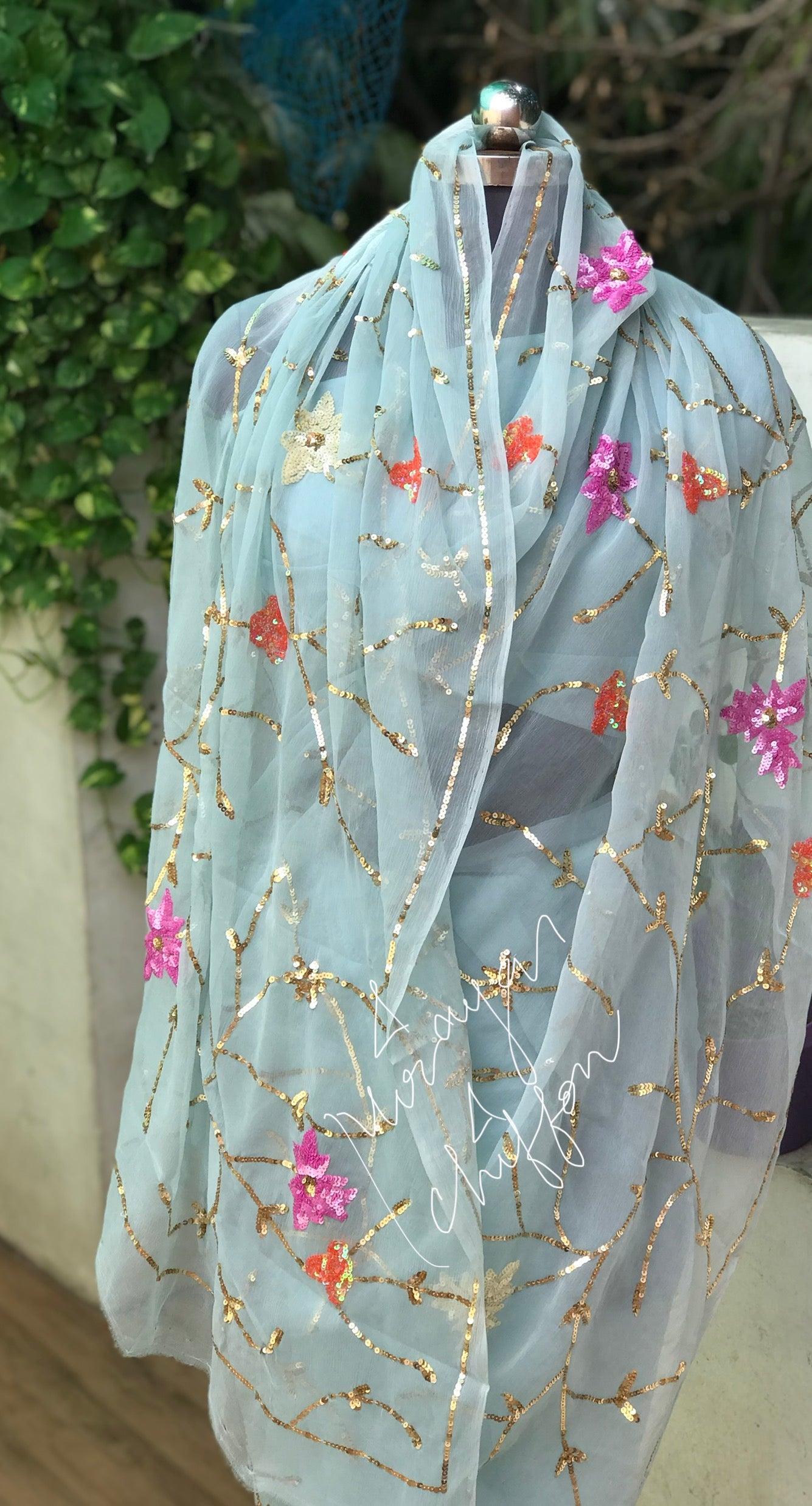 Powder Blue Sequins Jaal Miraya Chiffon Sarees