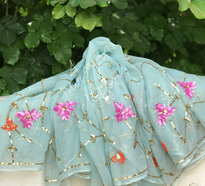 Powder Blue Sequins Jaal Miraya Chiffon Sarees