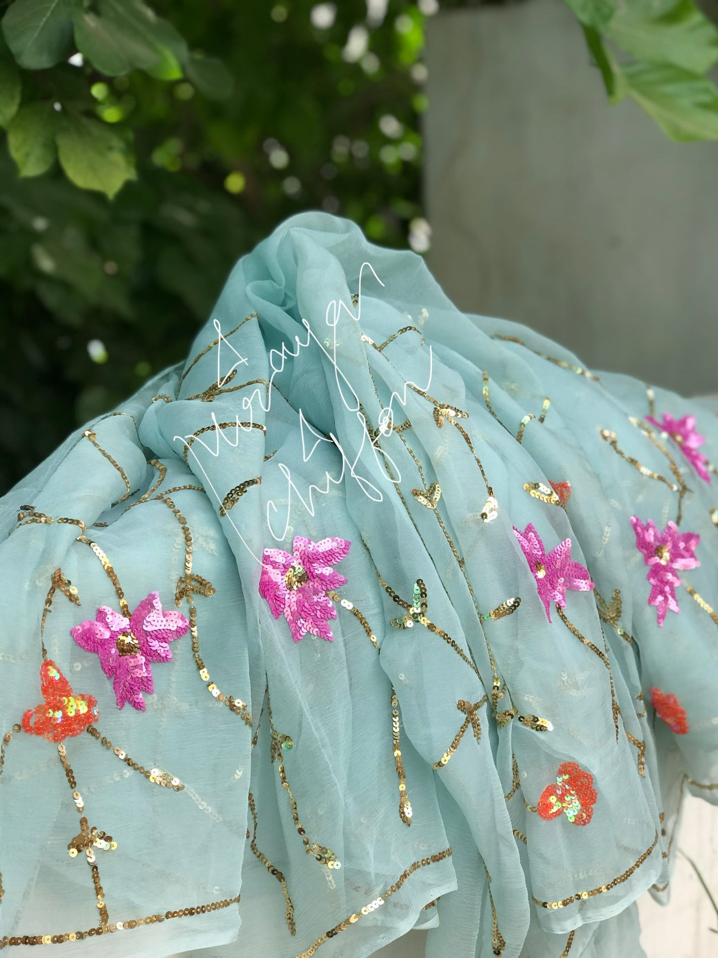 Powder Blue Sequins Jaal Miraya Chiffon Sarees