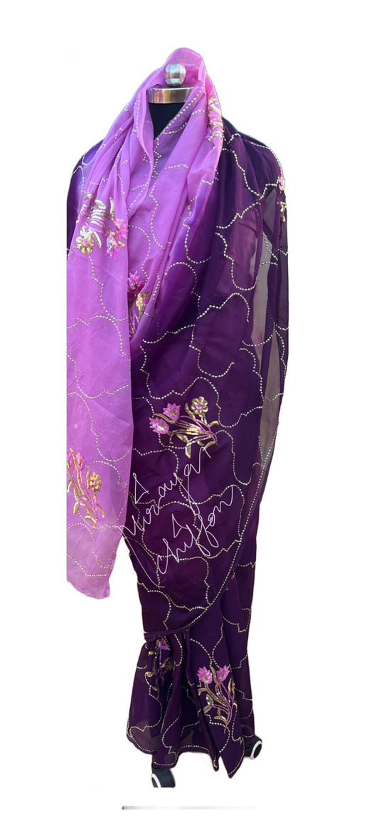 Purple Shaded Sequins Jaal With Motifs Miraya Chiffon Sarees