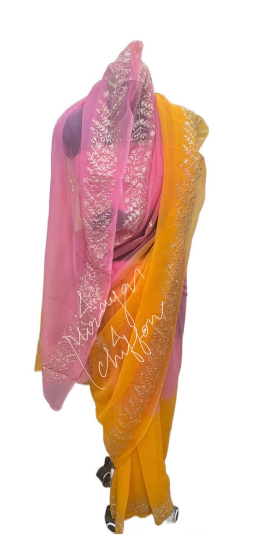 Yellow Pink Ombre Dyed Aari Sequins Border Miraya Chiffon Sarees