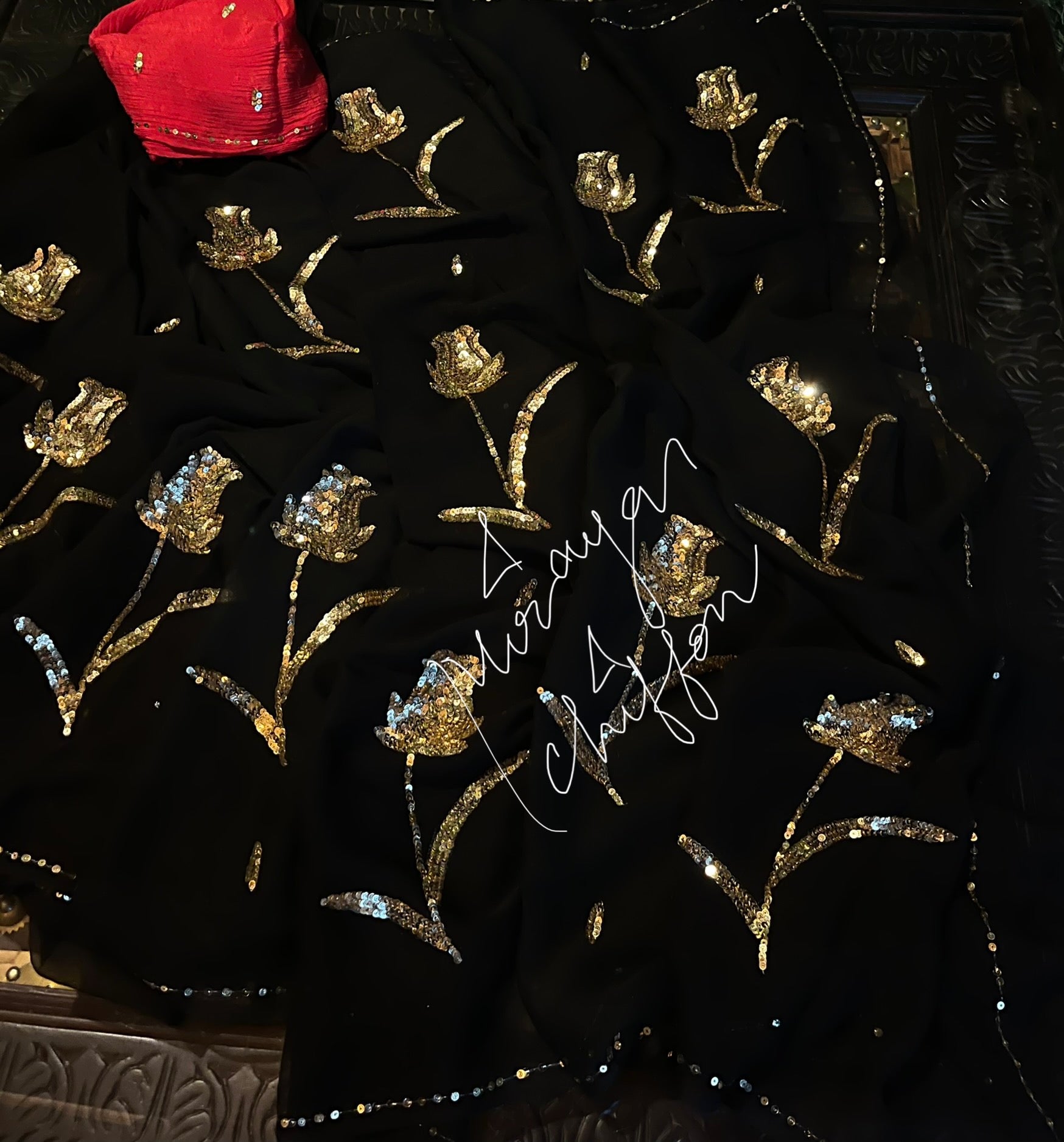 Black Golden Rose Motifs Miraya Chiffon Sarees