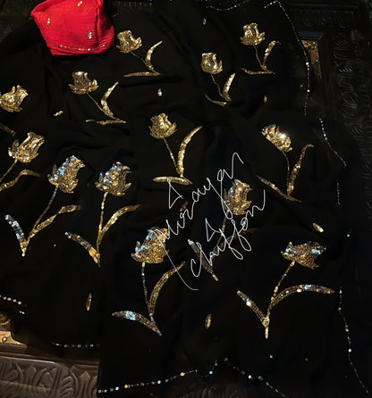 Black Golden Rose Motifs Miraya Chiffon Sarees