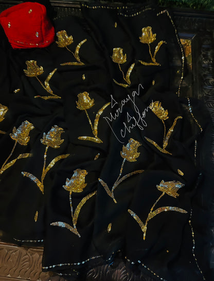 Black Golden Rose Motifs Miraya Chiffon Sarees