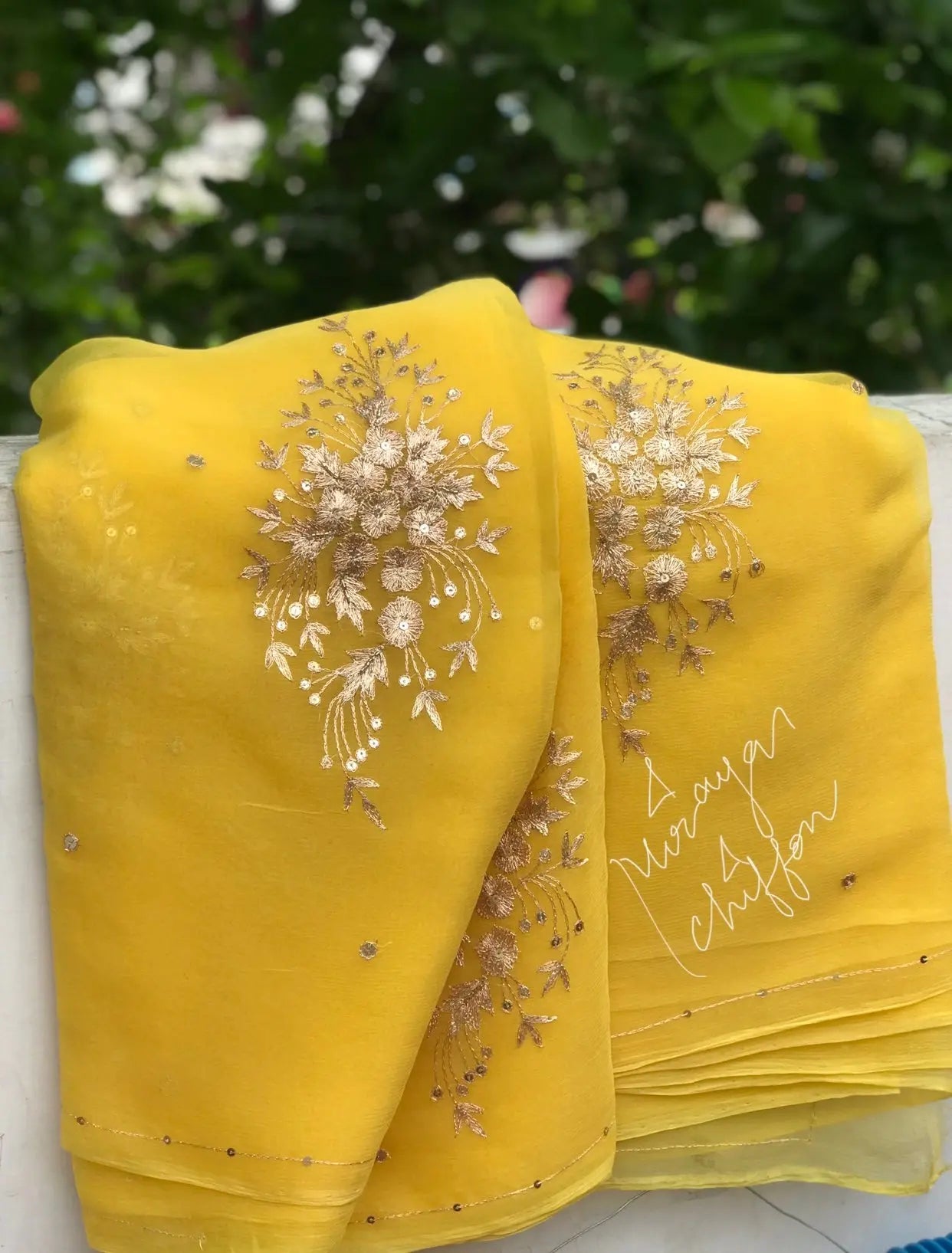 Yellow aari motifs Miraya Sarees