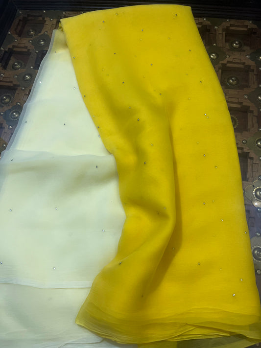 Ombre Cream Yellow Mukaish Miraya Chiffon Sarees