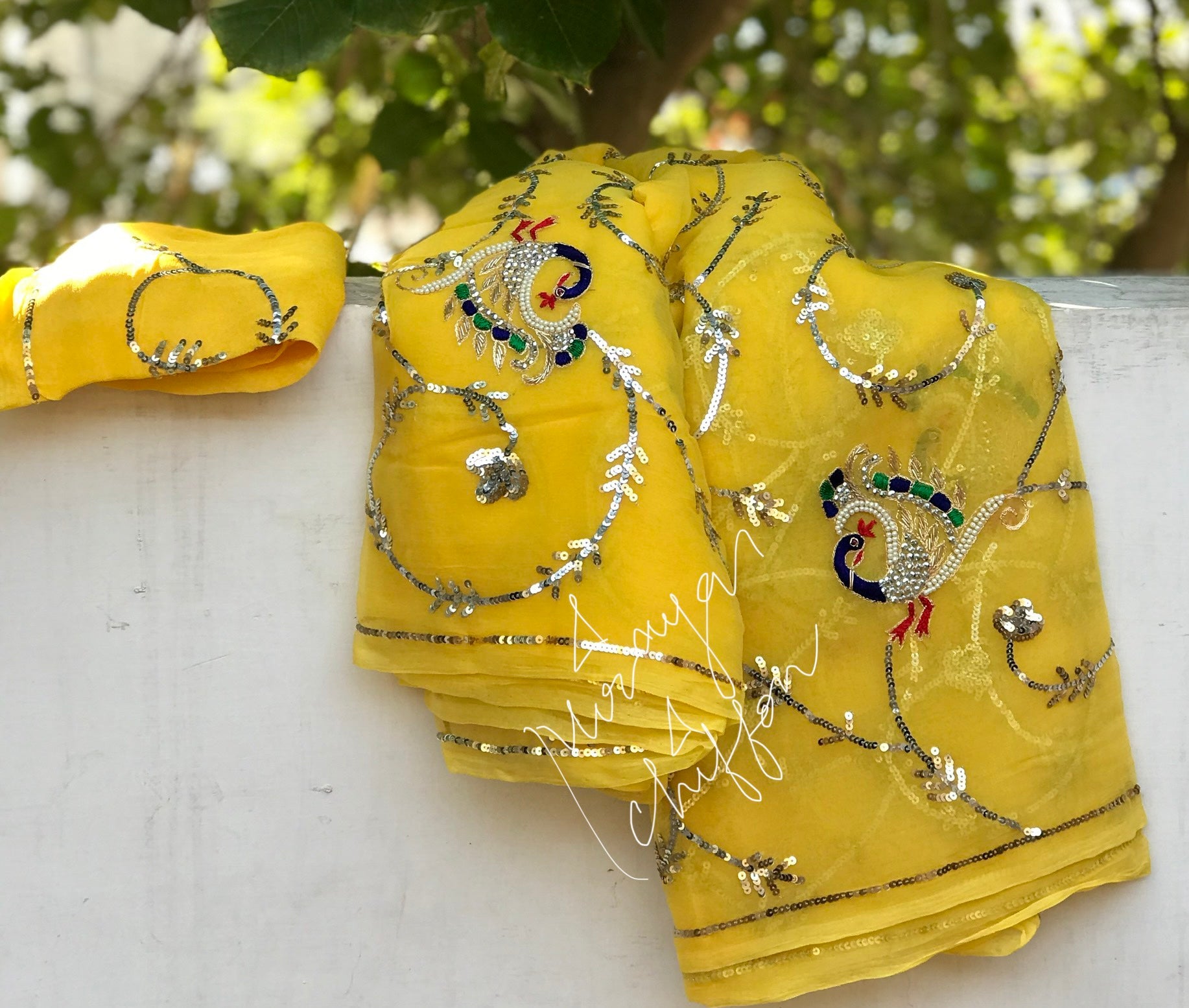 Yellow Peacock Sequins Jaal Miraya Chiffon Sarees