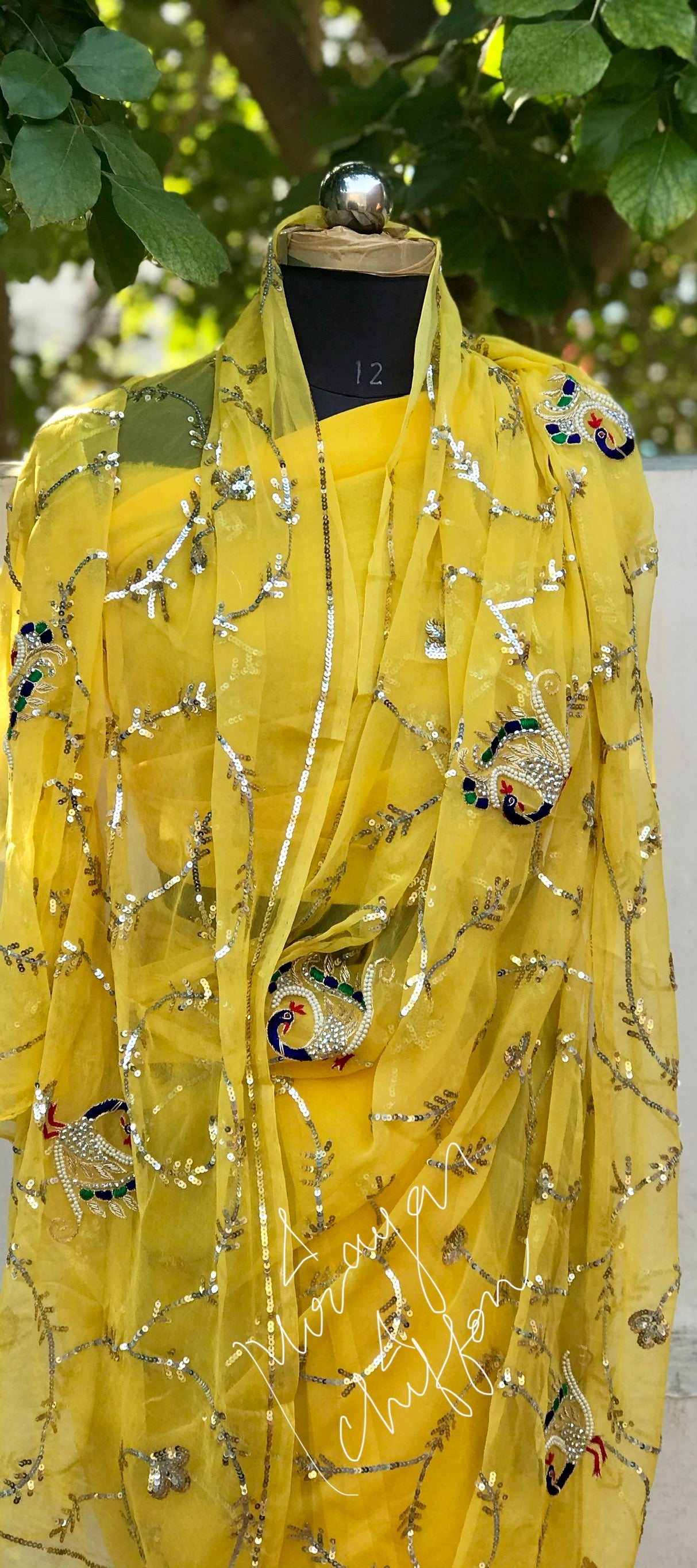 Yellow Peacock Sequins Jaal Miraya Chiffon Sarees