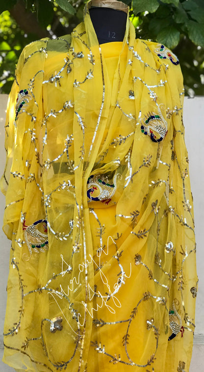 Yellow Peacock Sequins Jaal Miraya Chiffon Sarees