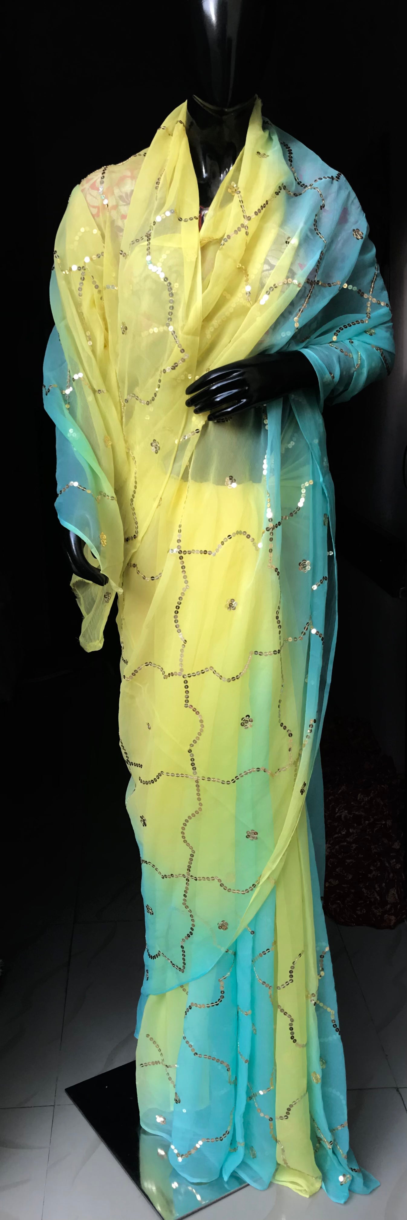 Yellow Shaded Sequins Jaal Miraya Chiffon Sarees