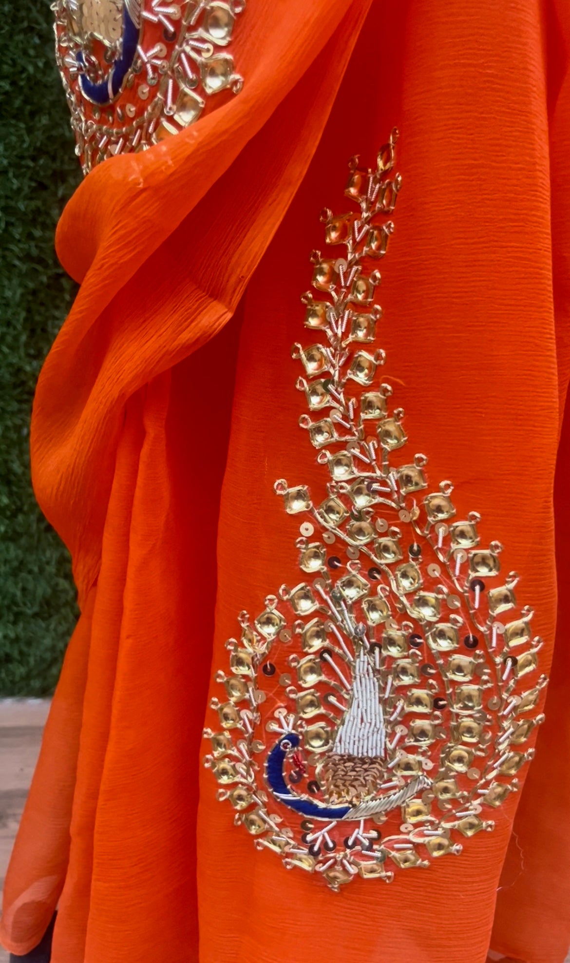 Orange Danka Peacock Motifs Miraya Chiffon Sarees