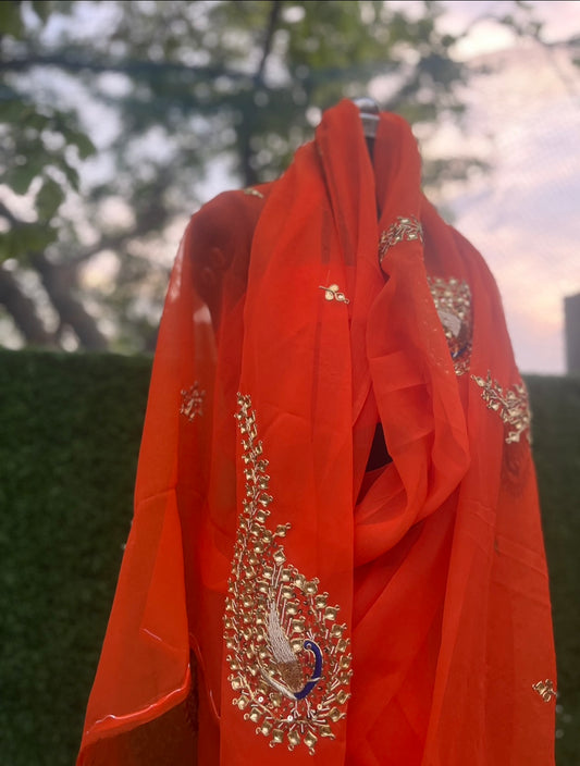 Orange Danka Peacock Motifs Miraya Chiffon Sarees