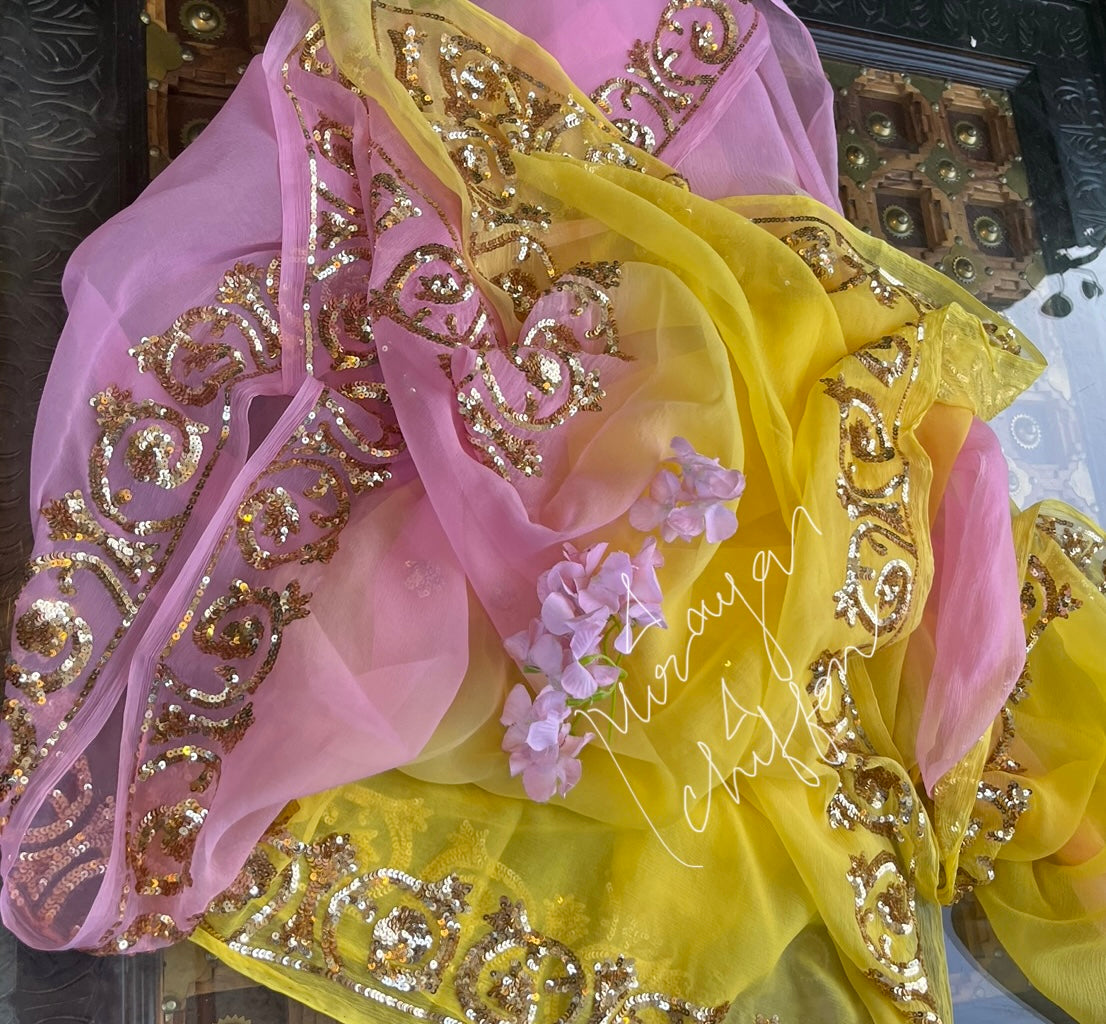 Ombre Yellow Pink Golden Sequins Border Miraya Chiffon Sarees