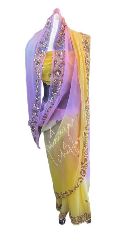 Ombre Yellow Pink Golden Sequins Border Miraya Chiffon Sarees