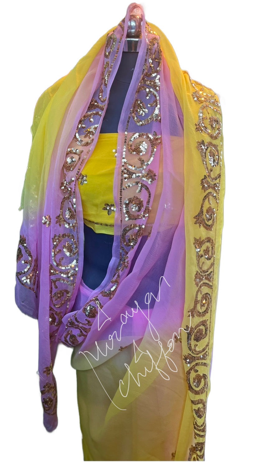 Ombre Yellow Pink Golden Sequins Border Miraya Chiffon Sarees