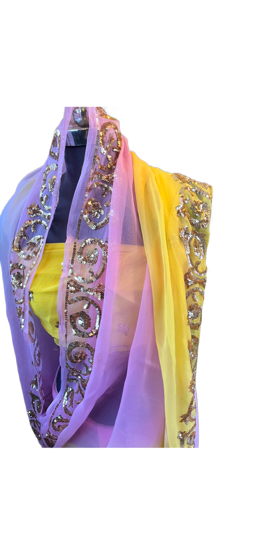 Ombre Yellow Pink Golden Sequins Border Miraya Chiffon Sarees