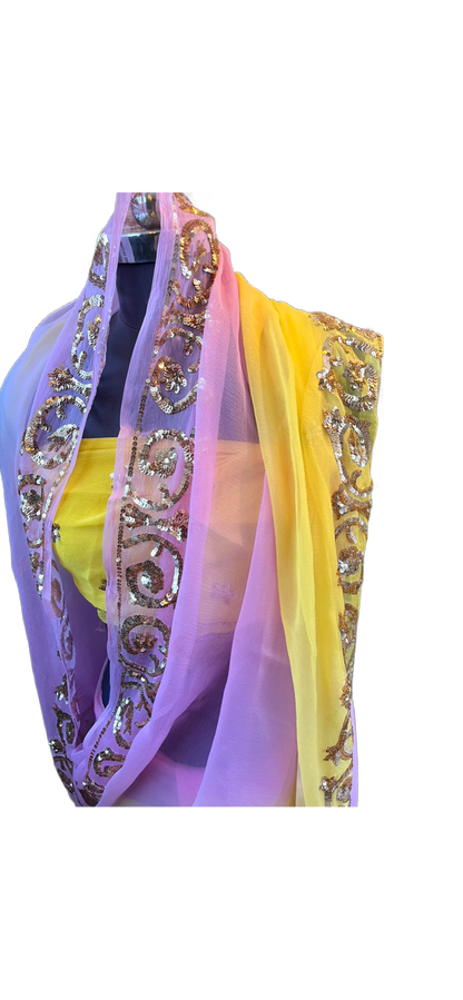 Ombre Yellow Pink Golden Sequins Border Miraya Chiffon Sarees