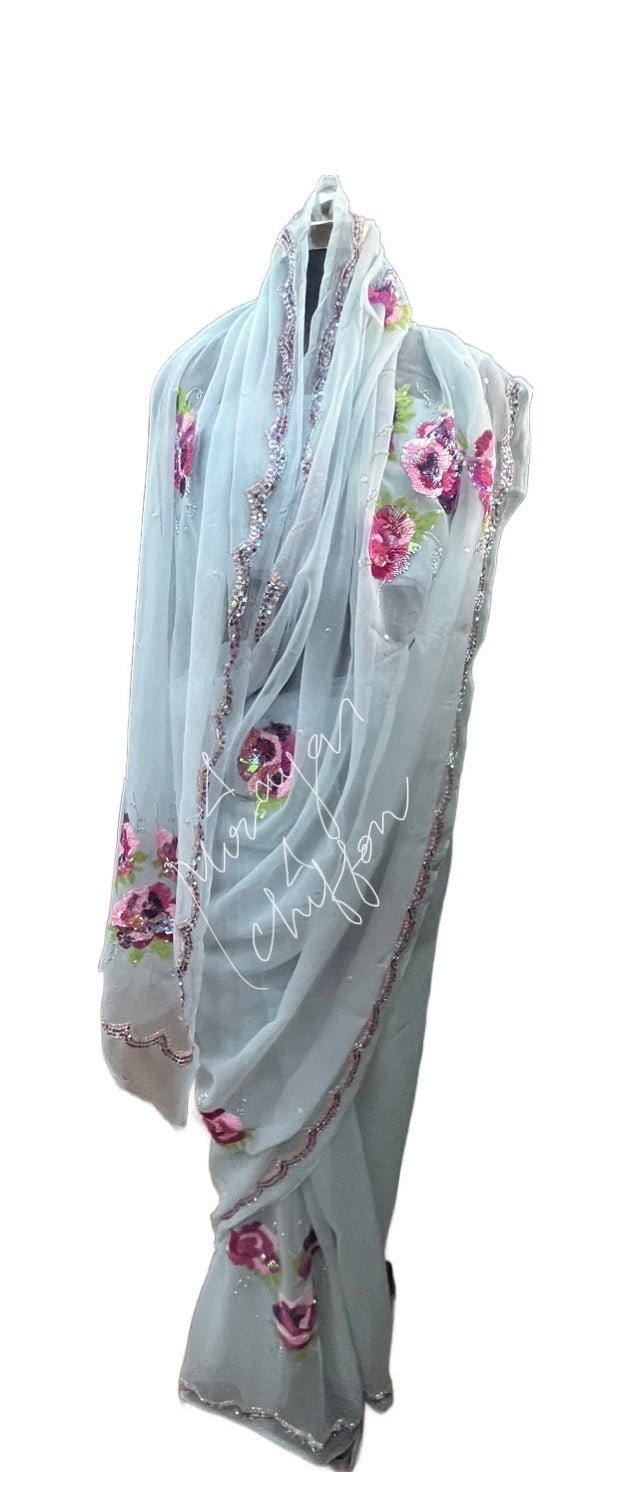 Powder Blue Sequins Motifs With Border Miraya Chiffon Sarees