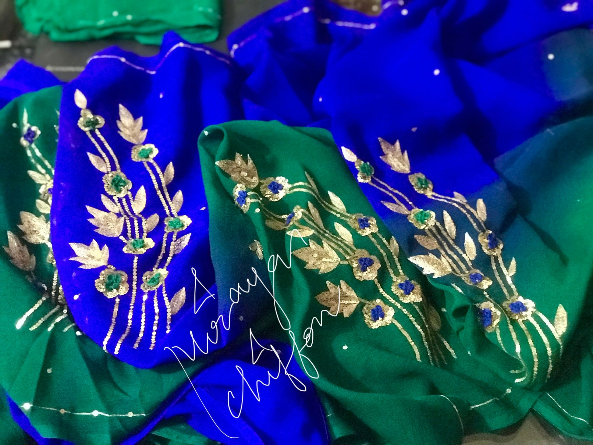 Blue Shade Aari Motifs Miraya Chiffon Sarees