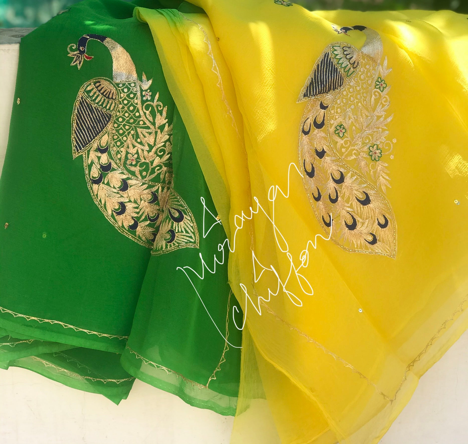 Yellow Shaded Aari Peacock Motifs Miraya Chiffon Sarees