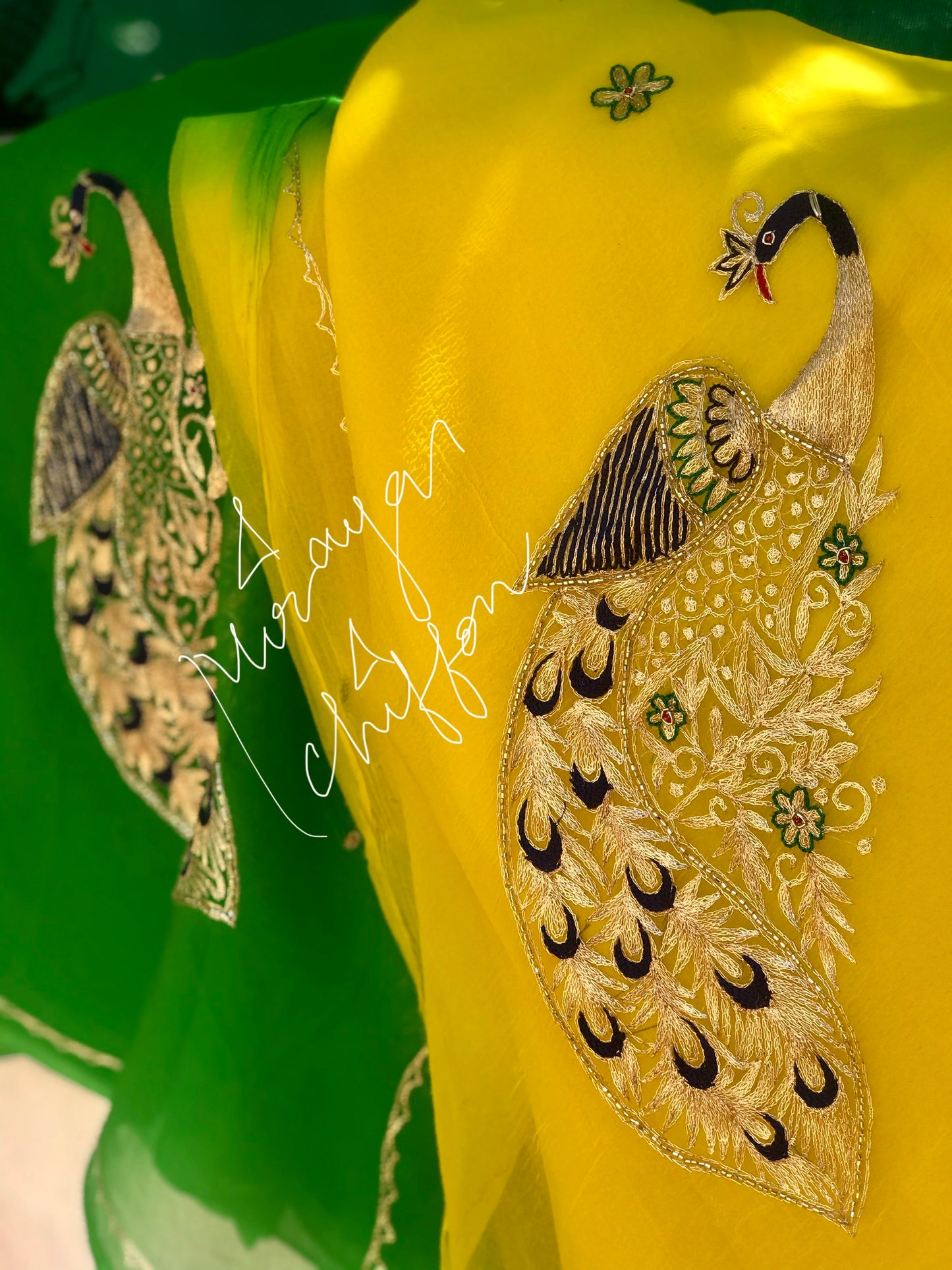 Yellow Shaded Aari Peacock Motifs Miraya Chiffon Sarees