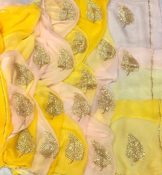 Yellow Pink Ombre Dyed Cutdana Motifs Miraya Chiffon Sarees