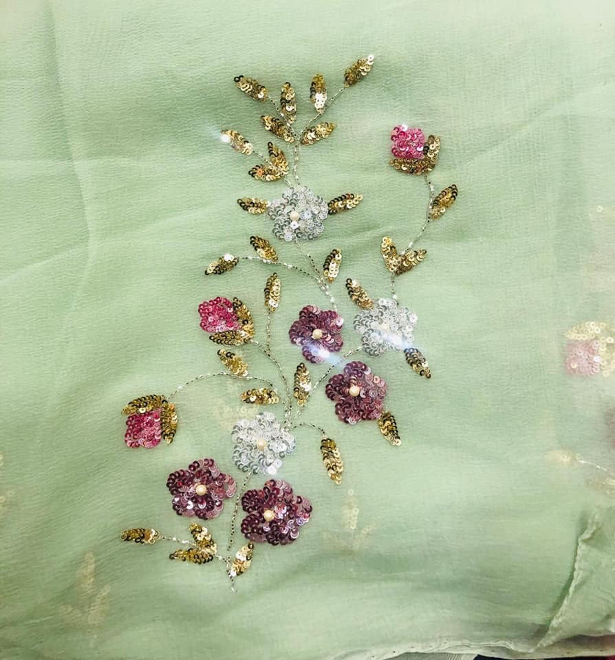 Olive Sequins Motifs Miraya Chiffon Sarees