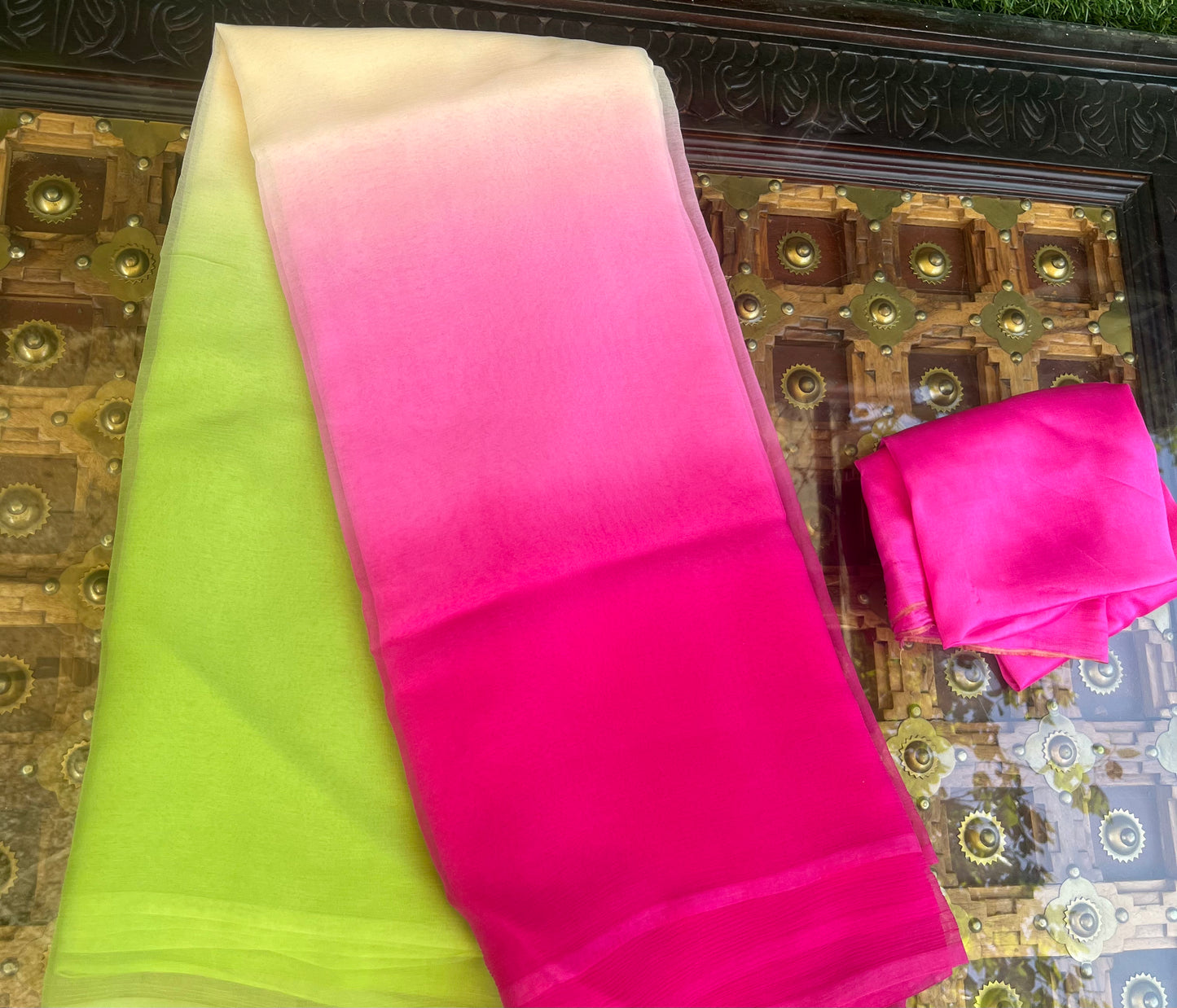 Ombre Cream Pink Green Shaded Miraya Chiffon Sareesap