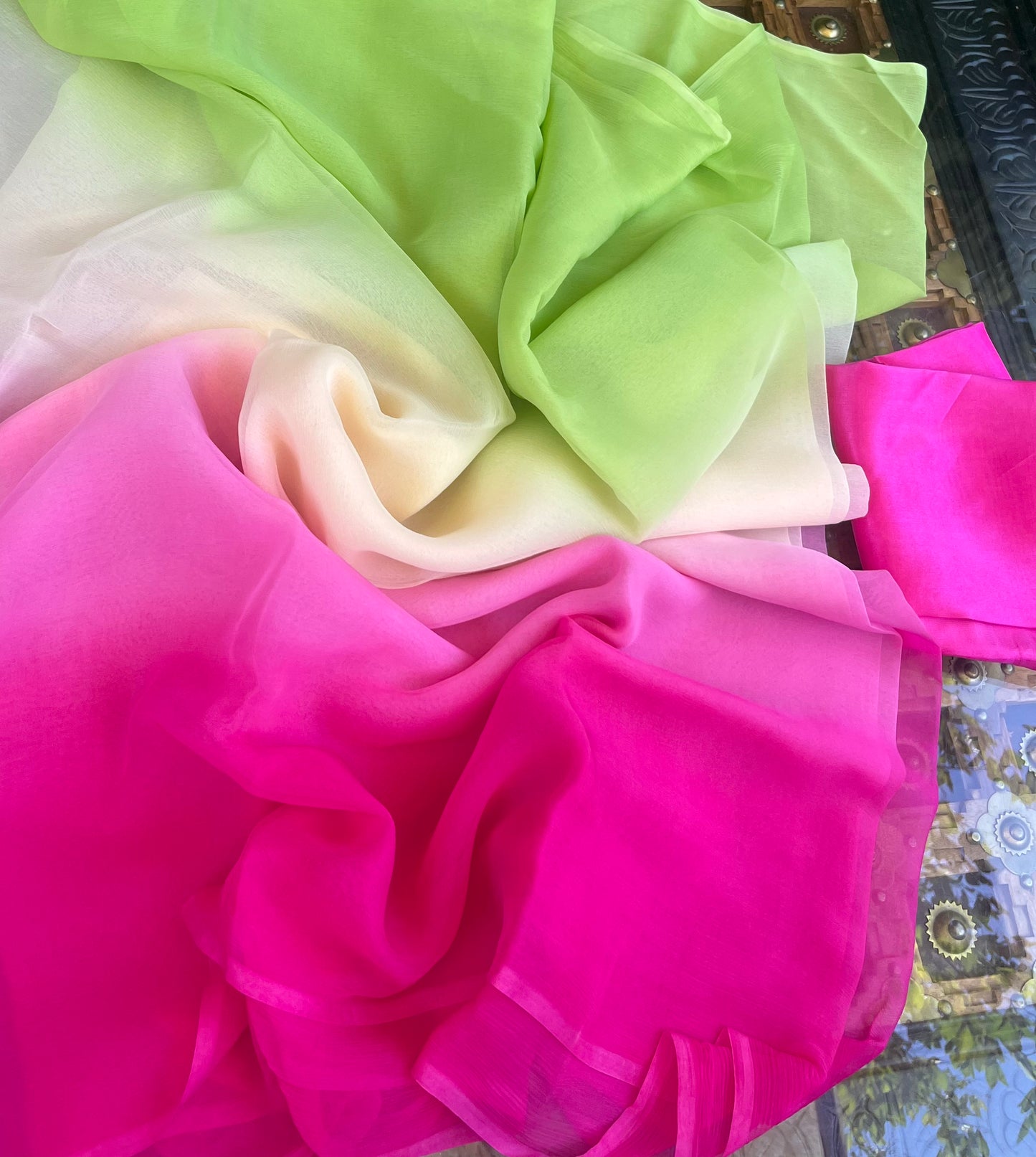 Ombre Cream Pink Green Shaded Miraya Chiffon Sareesap