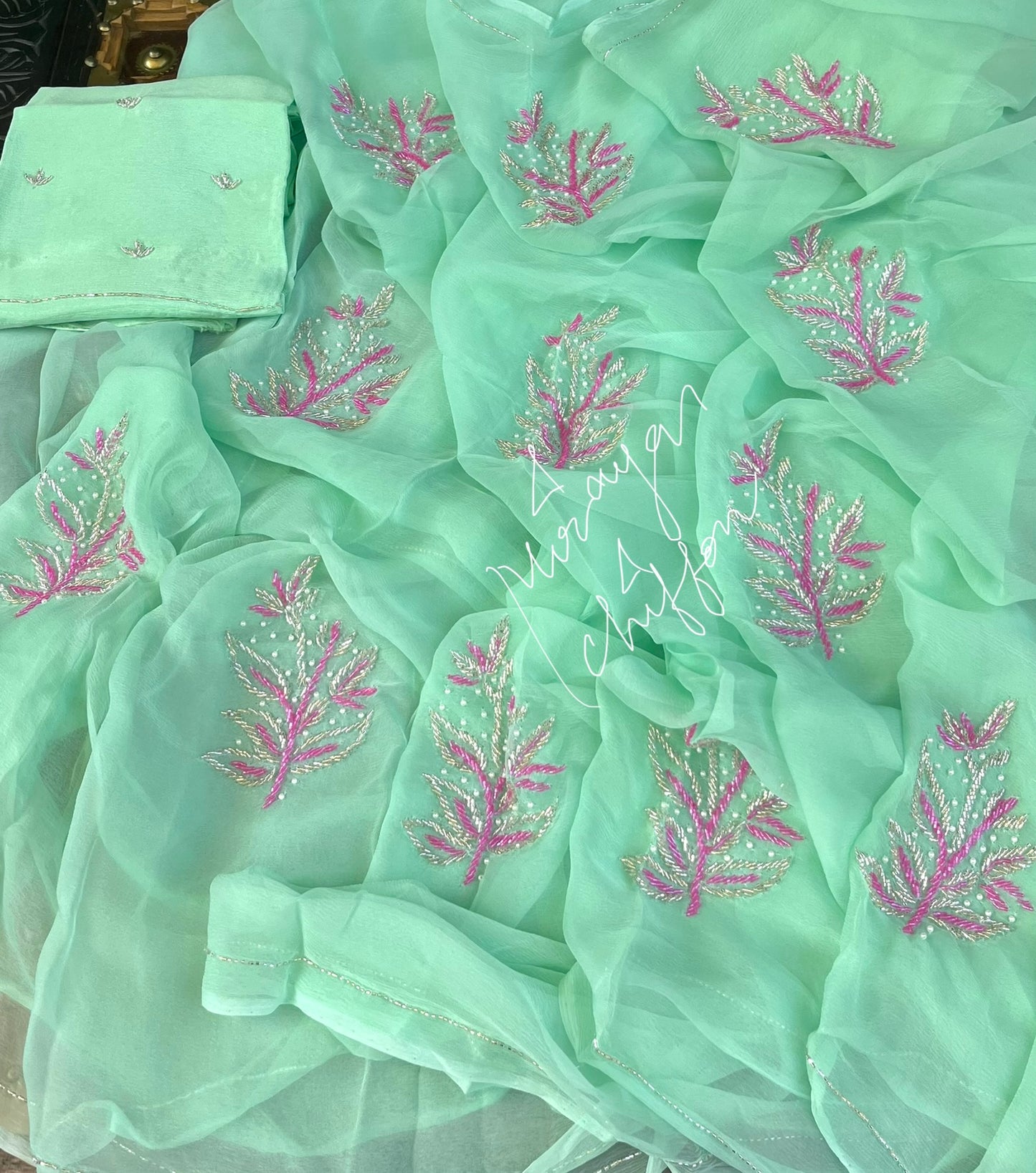 Sea Green Cutdana Motifs Miraya Chiffon Sarees