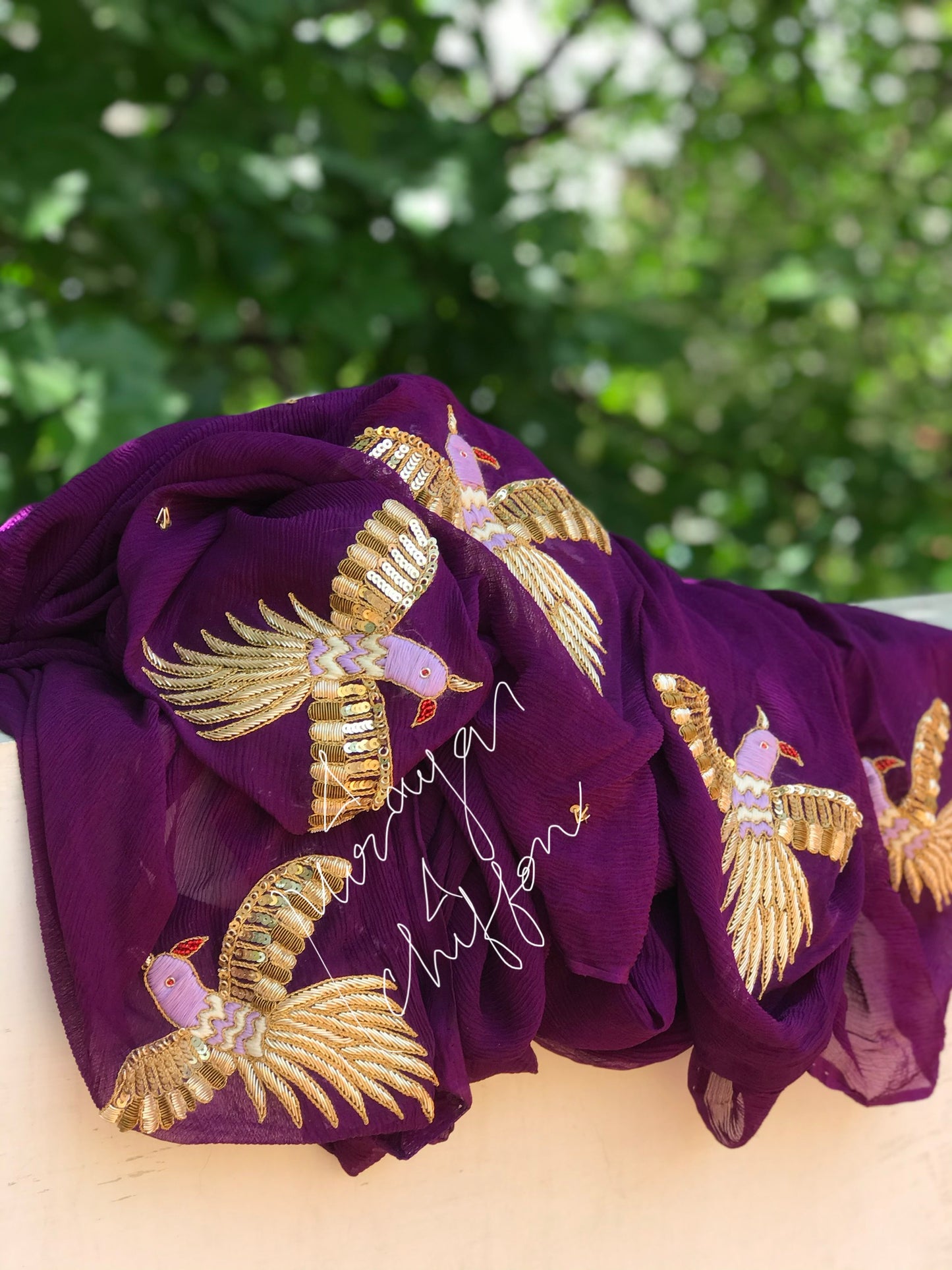 Purple Zardogi Bird Motifs Miraya Chiffon Sarees