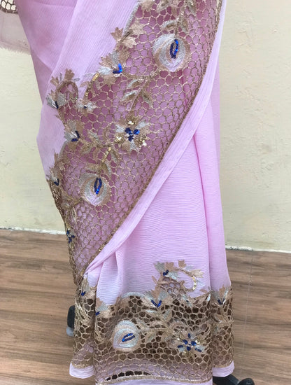 Baby Pink Cutwork Border Miraya Chiffon Sarees