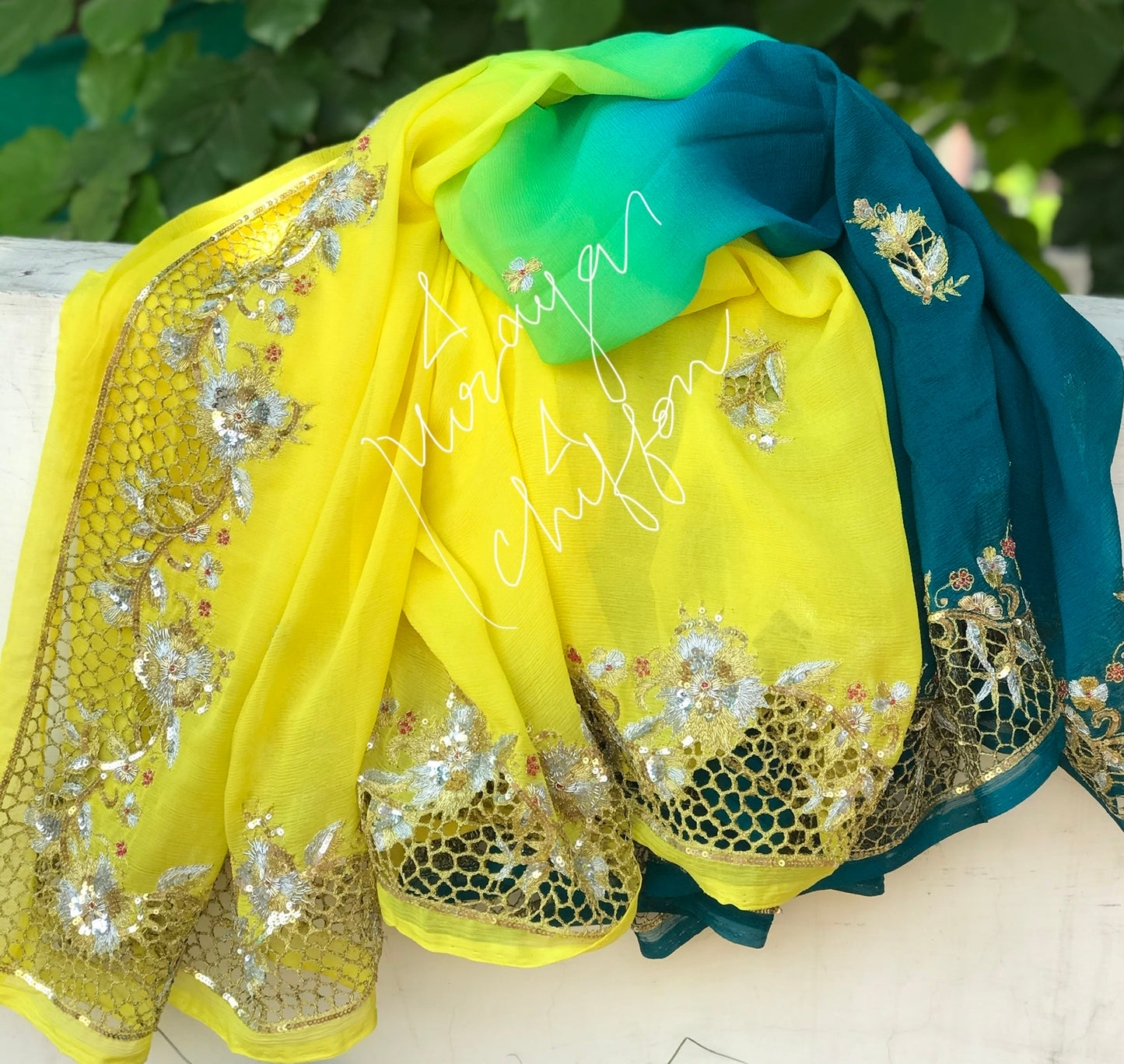 Yeloow Shaded Cutwork Border Miraya Chiffon Sarees