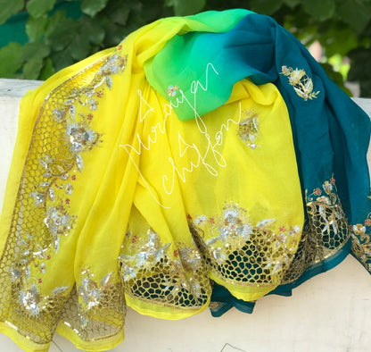 Yeloow Shaded Cutwork Border Miraya Chiffon Sarees