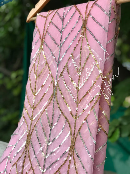 Pink Golden Silver Sequins Jaal Miraya Chiffon Sarees