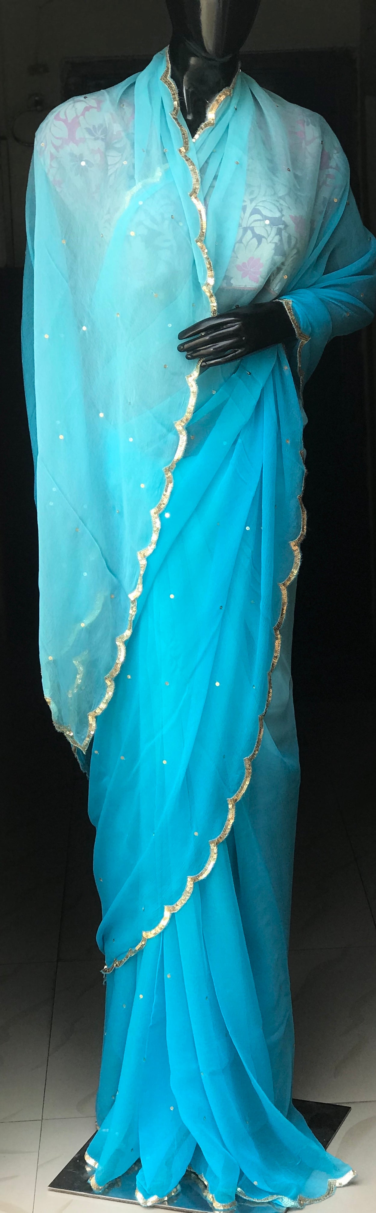 Sky Blue Shaded Scallop Border Miraya Sarees