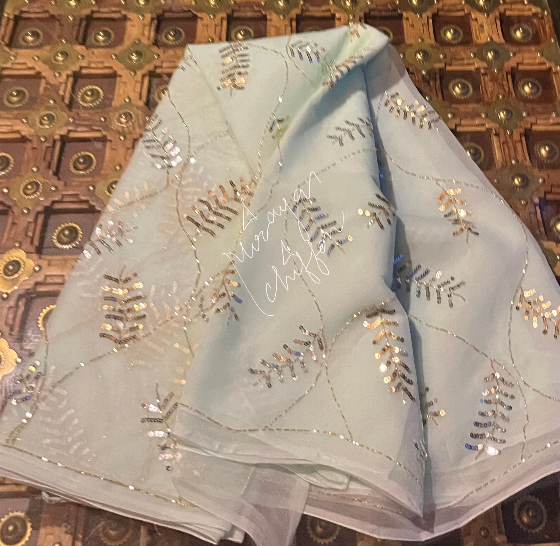 Powder Blue Golden Silver Cutdana Jaal Miraya Chiffon Sarees