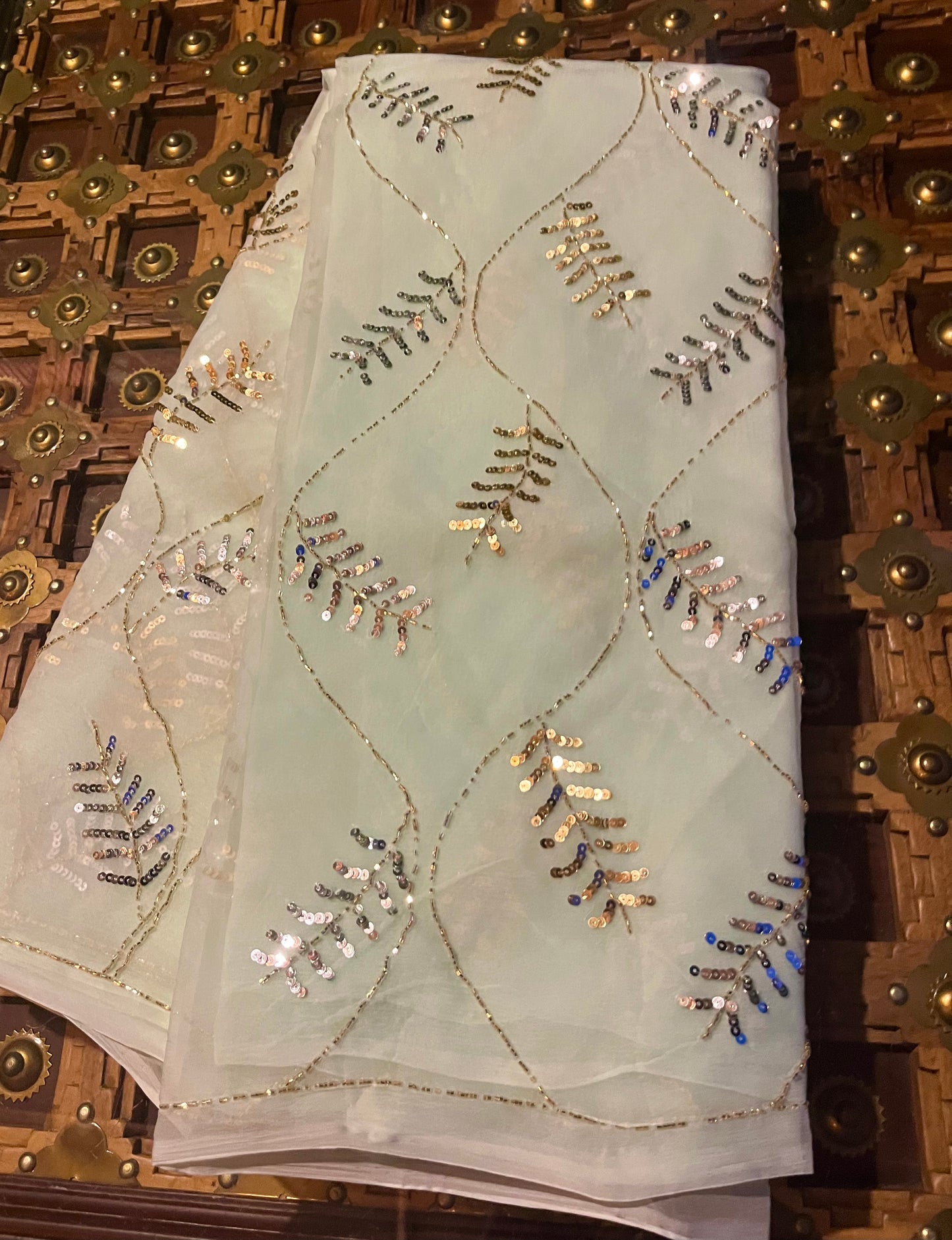 Powder Blue Golden Silver Cutdana Jaal Miraya Chiffon Sarees