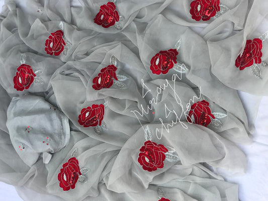 Grey Rose Motifs Miraya Sarees