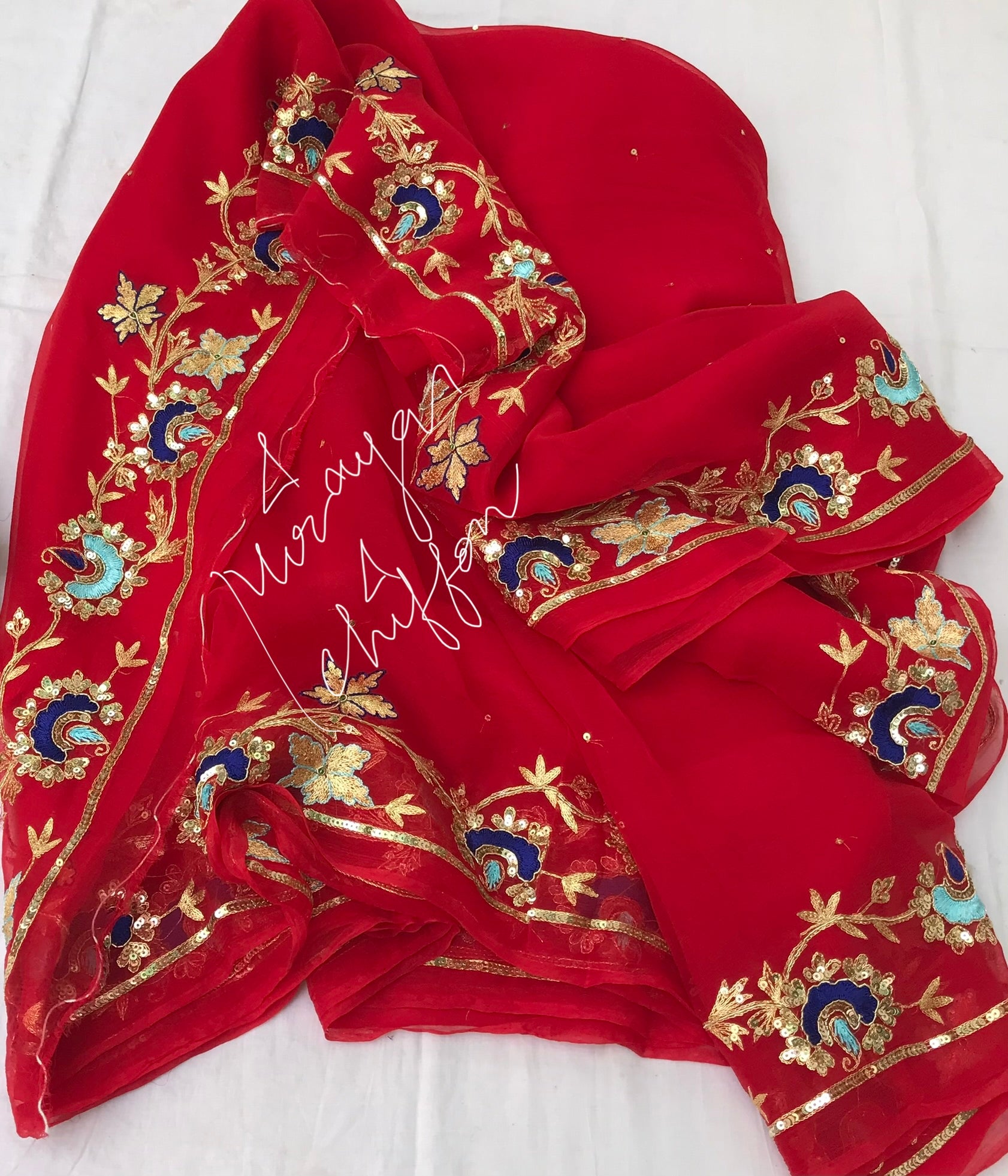 Red Aari Zardogi Border Miraya Chiffon Sarees