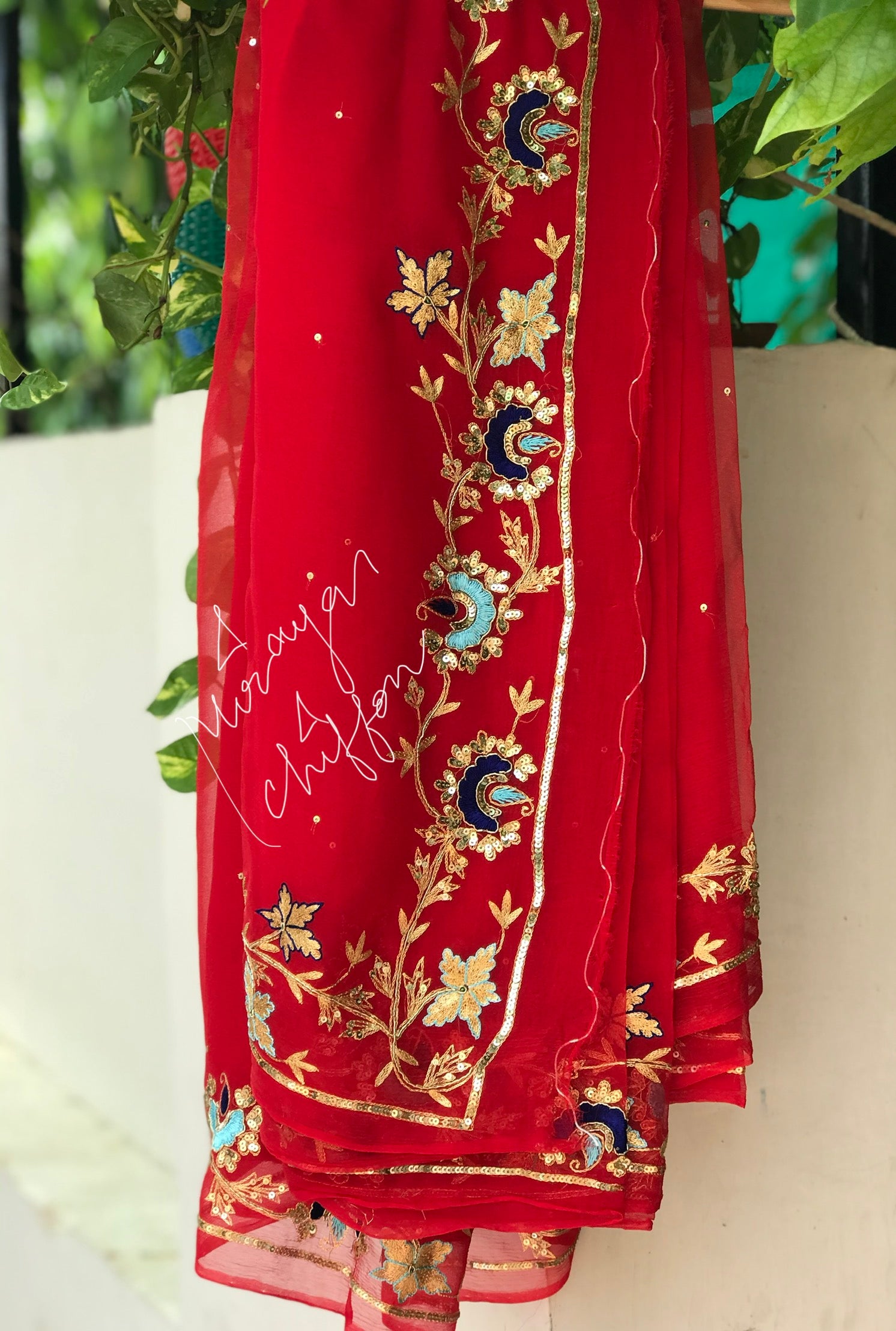 Red Aari Zardogi Border Miraya Chiffon Sarees